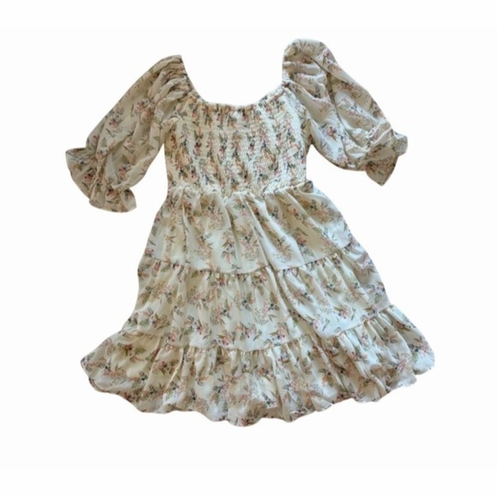 Flying Tomato Dress Womens Size M Ivory Floral Smocked Mini Puff Sleeve - Picture 6 of 7